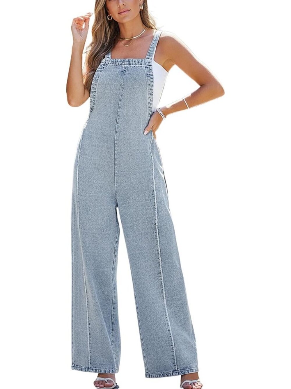 Chic Women's Maxi Denim Jumpsuit - Square Neck, Sleeveless, Backless, Wide Leg